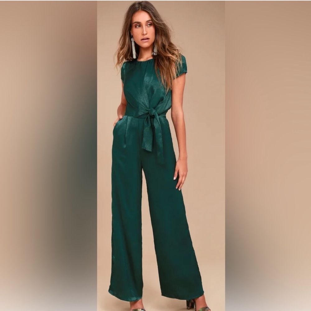 Lulus green emerald satin pantsuit jumpsuit